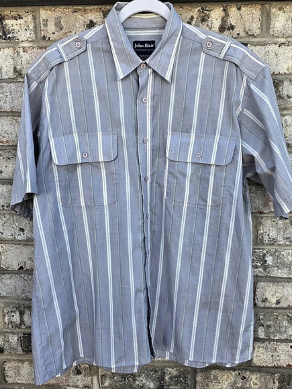 John Blair Striped Short Sleeve Shirt in Gray Blue & White Vintage 90s